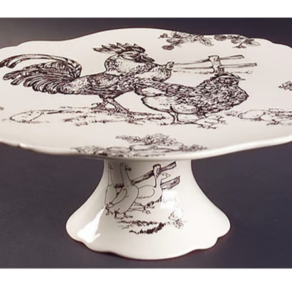 Barnyard Toile Cake Stand Plate Andrea by Sadek 13" Diameter Rooster Goose Hen